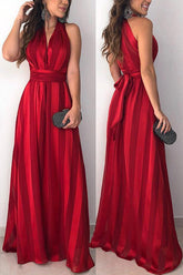 Vestido largo sin mangas con cinturón y cuello en V a rayas